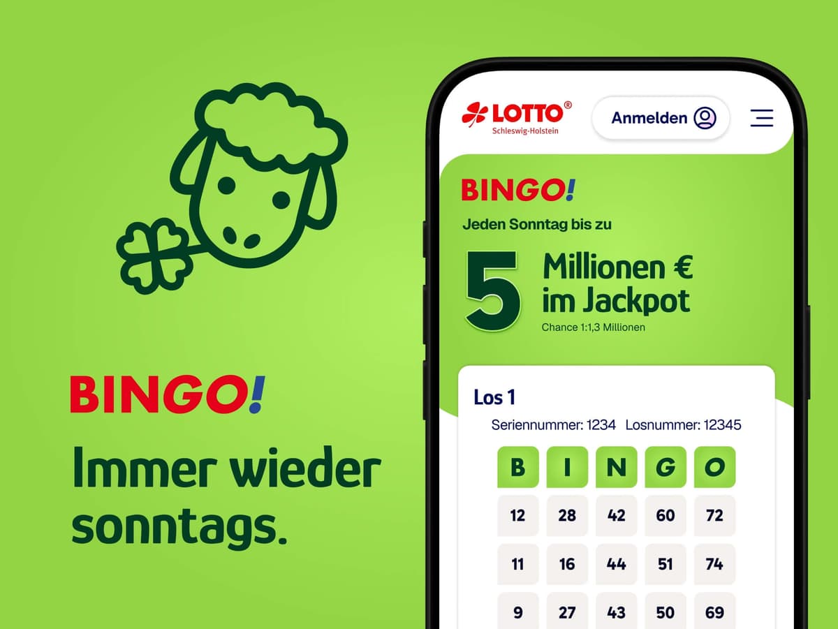 Bingo-Werbemotiv mit Smartphone-Spielschein, Schaf und Kleeblatt sowie Hinweis auf Jackpot bis 5 Millionen Euro (Chance 1:1,3 Mio.) und wöchentliche Ziehung am Sonntag.