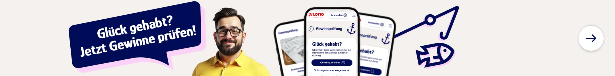 Banner für die Gewinnprüfung mit Text: Hat was angebissen? Jetzt Gewinne prüfen!