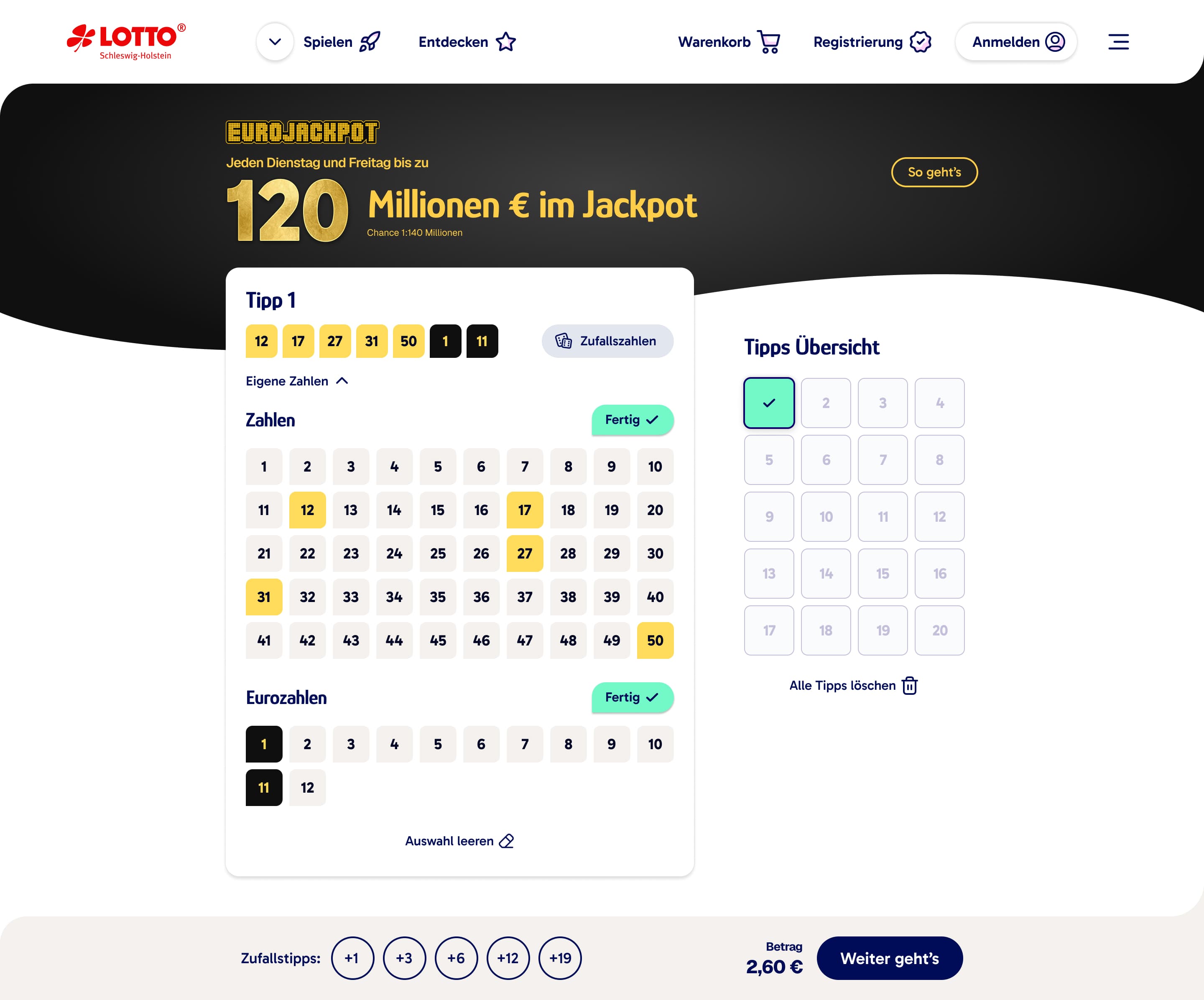 Lotto-Webseite mit Eurojackpot, zeigt ausgewählte Zahlen im Tippfeld, Jackpot von 120 Millionen Euro (Chance 1:140 Mio.) und Optionen zur Zahlenauswahl.