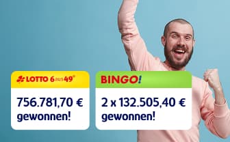 Ein Mann in einem rosa Hemd jubelt mit erhobener Faust neben Gewinnanzeigen für LOTTO und BINGO in Euro vor einem blauen Hintergrund.