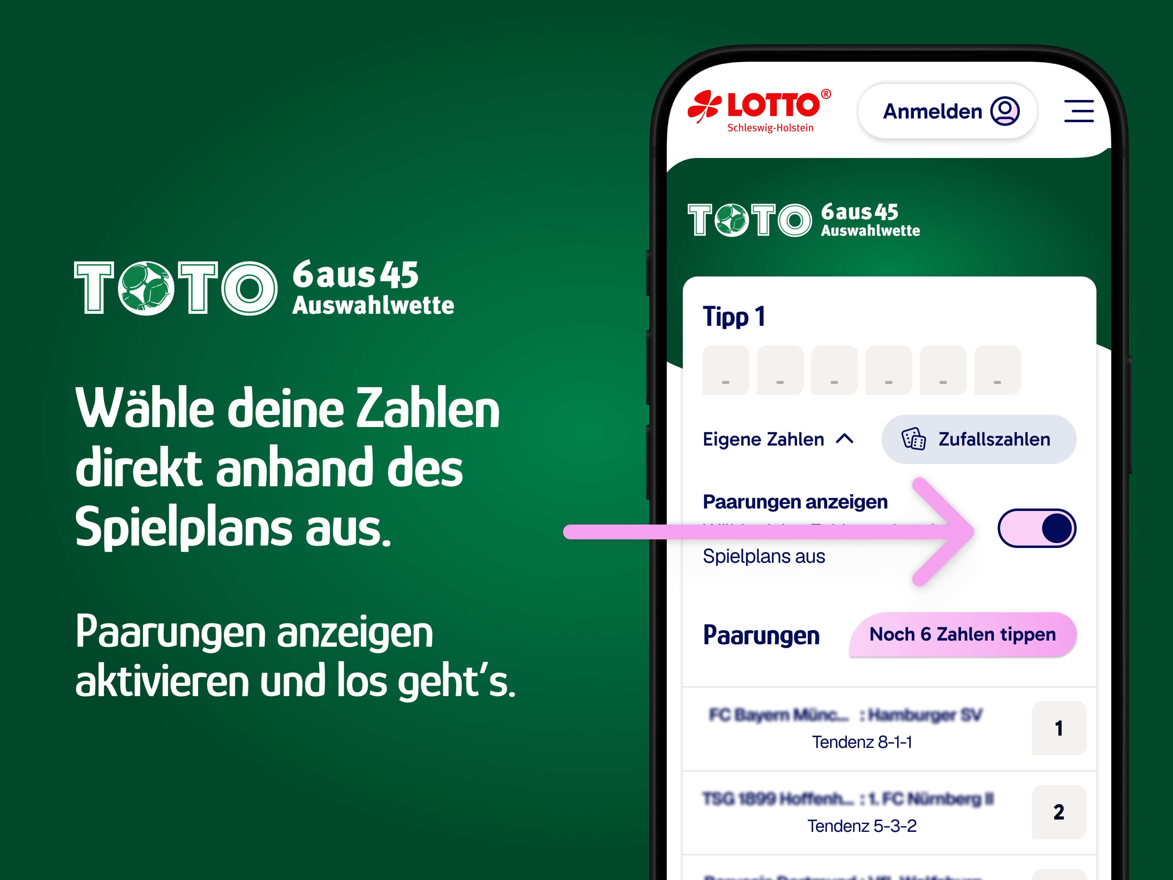 Lotto-App zeigt TOTO 6aus45 mit Tippabgabe und Hinweis auf Auswahl anhand des Spielplans