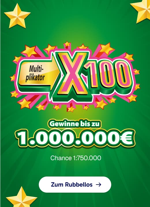 Grüner Hintergrund mit gelben Sternen, den Texten „Gewinne bis zu 1.000.000 €“ und „Multiplikator X100“, violetter Umrandung und weißer Gewinnquote.