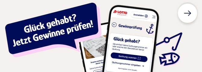 Banner für die Gewinnprüfung mit Text: Hat was angebissen? Jetzt Gewinne prüfen!