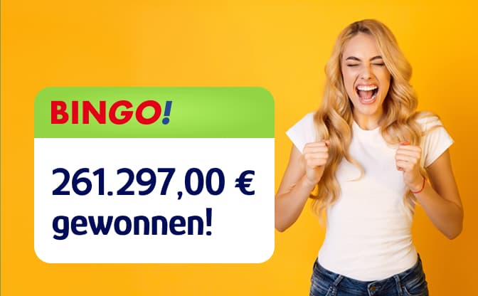 Eine Frau mit freudigem Gesichtsausdruck jubelt vor einem gelben Hintergrund. Der Text lautet: „BINGO! 261.297,00 € gewonnen!“