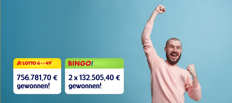 Ein Mann in einem rosa Hemd jubelt mit erhobener Faust neben Gewinnanzeigen für LOTTO und BINGO in Euro vor einem blauen Hintergrund.