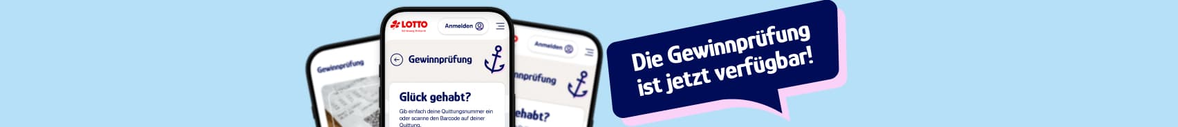 Copilot said: Zwei Smartphones zeigen eine Lotto-App. Eine Sprechblase informiert auf Deutsch darüber, dass die Gewinnprüfung jetzt verfügbar ist.