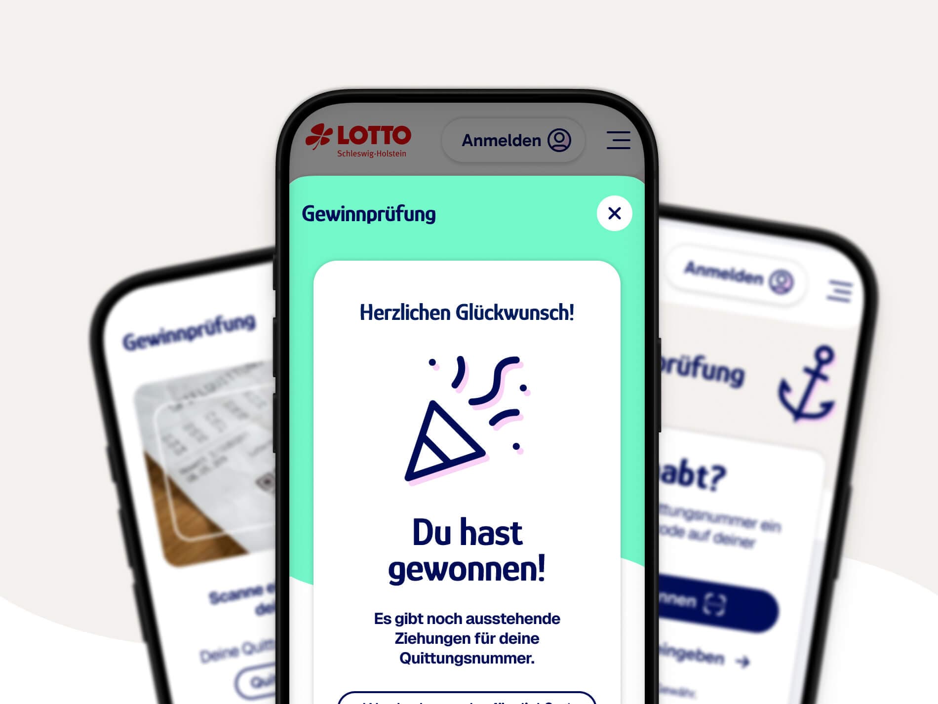 Smartphone-Bildschirm mit einer Lotterie-App, auf dem eine Glückwunschnachricht über einen Gewinn von 1.000 Euro angezeigt wird.