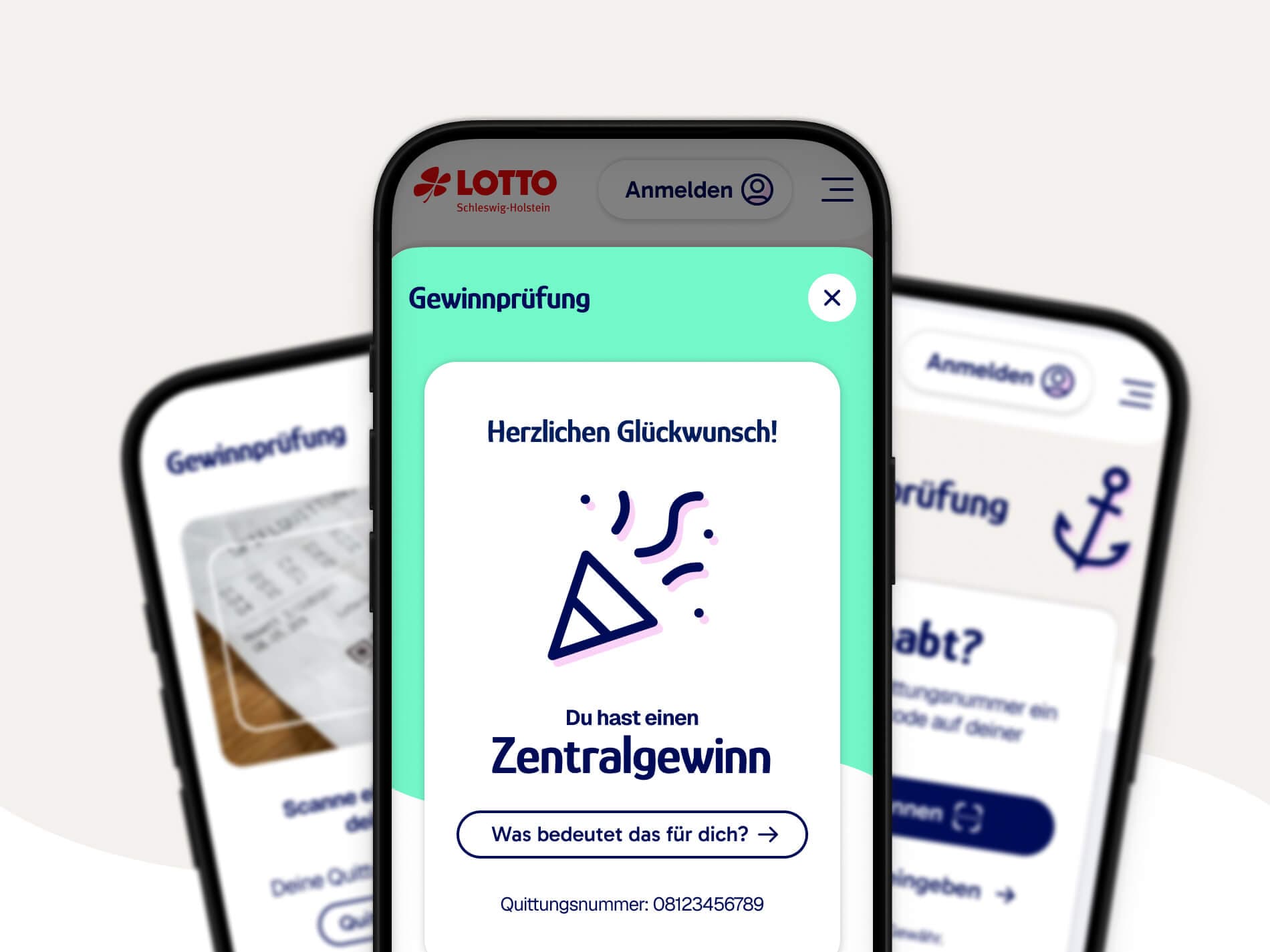 Smartphone-Bildschirm mit einer Lotterie-App, auf dem eine Glückwunschnachricht über einen Zentralgewinn angezeigt wird.