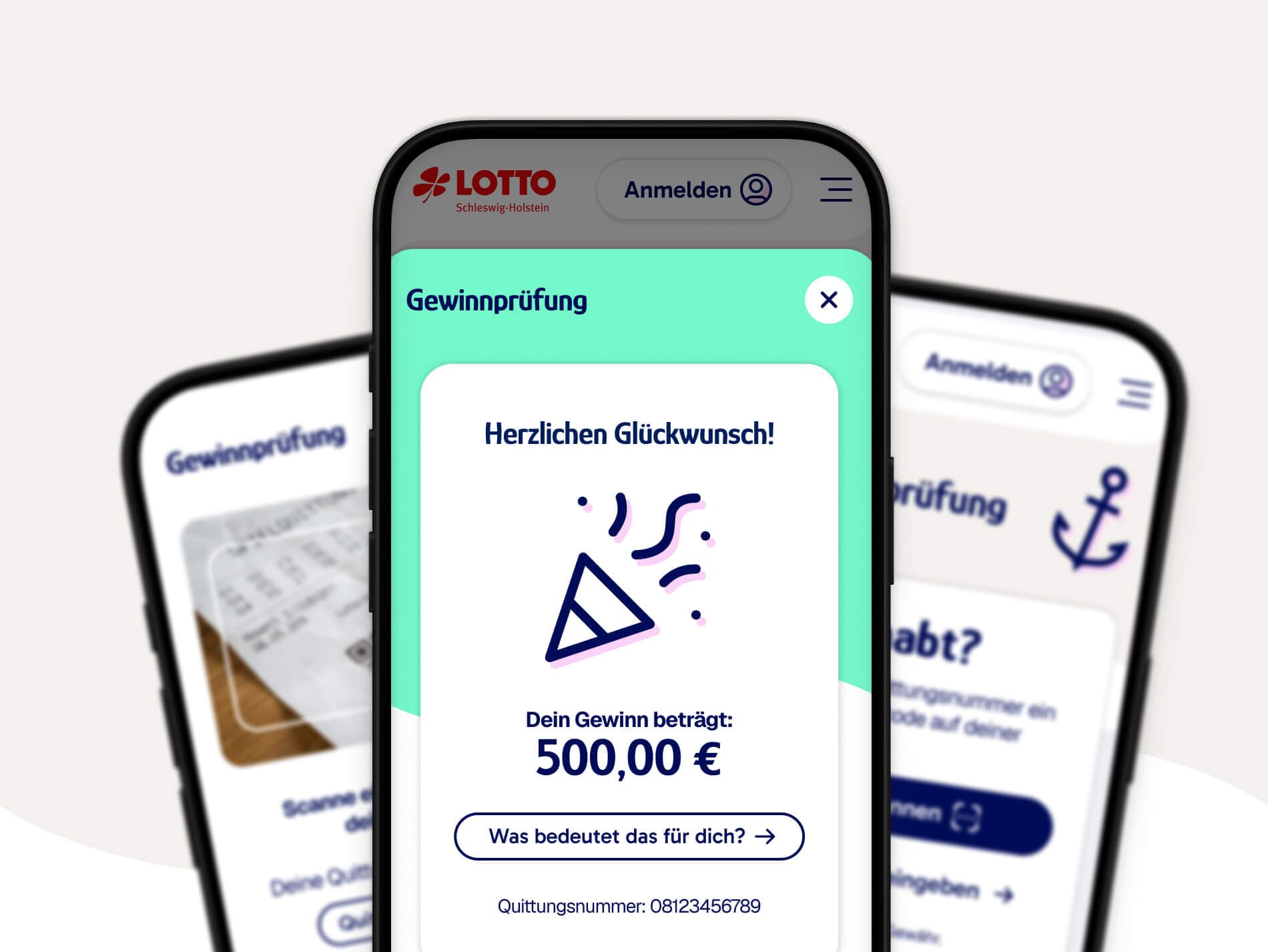 Smartphone-Bildschirm mit einer Lotterie-App, auf dem eine Glückwunschnachricht über einen Gewinn von 1.000 Euro angezeigt wird.