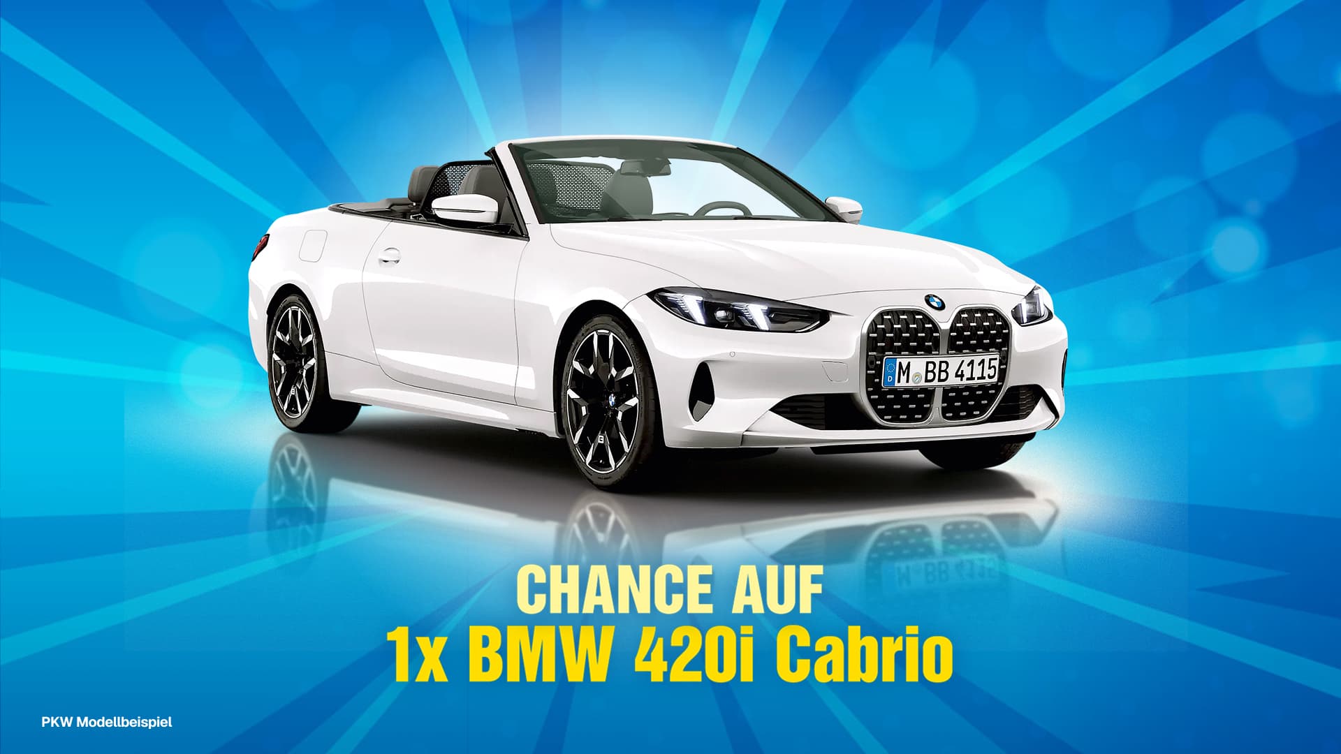 Ein weißes BMW 420i Cabrio vor einem blauen, strahlenförmigen Hintergrund mit dem gelben Schriftzug: „Chance auf 1x BMW 420i Cabrio“.