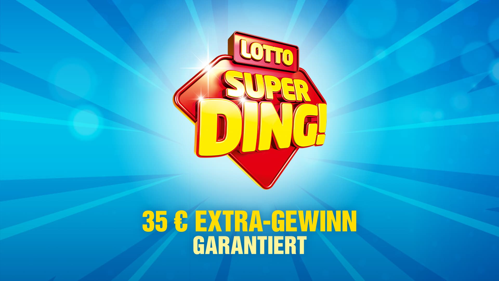 Heller blauer Hintergrund mit dem „LOTTO Super Ding!“-Logo. Darunter steht der Text „35 € EXTRA-GEWINN GARANTIERT“ in großen, auffälligen gelben Buchstaben.