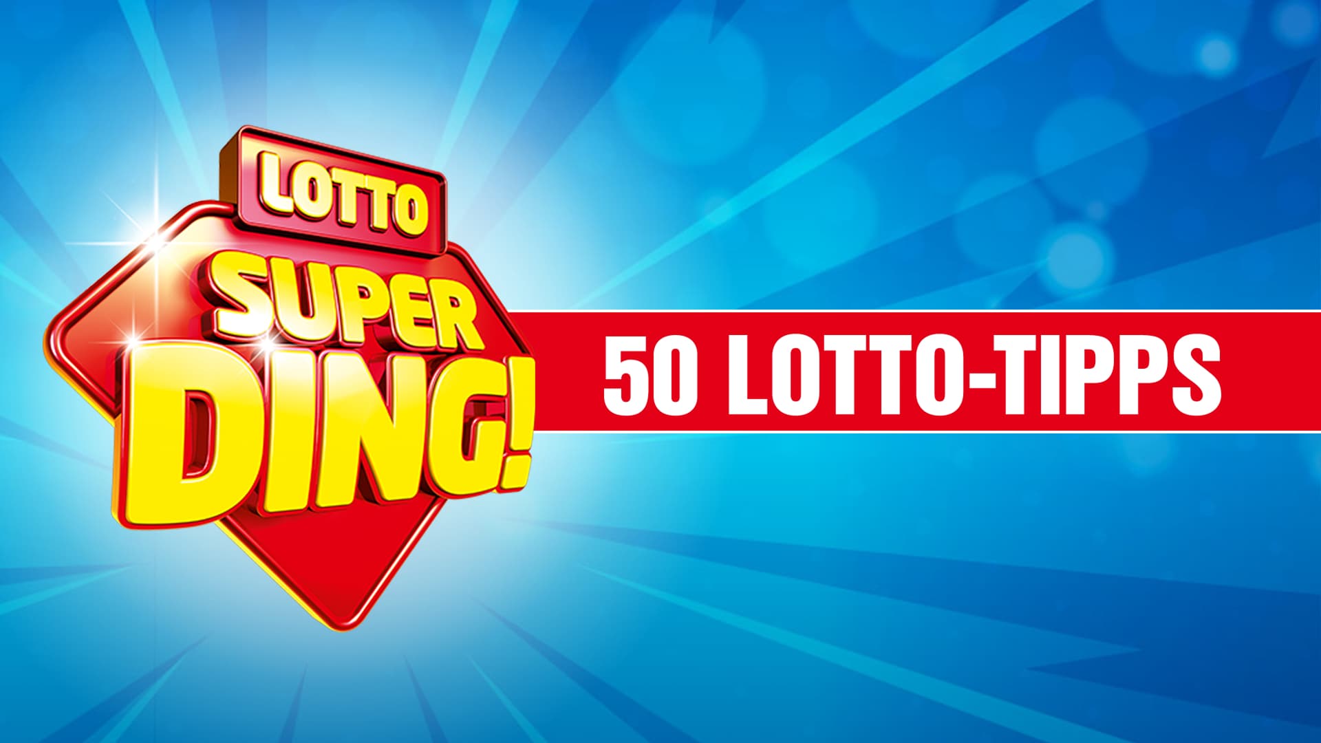 Heller blauer Hintergrund mit dem Schriftzug „Lotto Super Ding!“ in großen, auffälligen gelben Buchstaben sowie „50 Lotto-Tipps“ auf einem roten Banner.