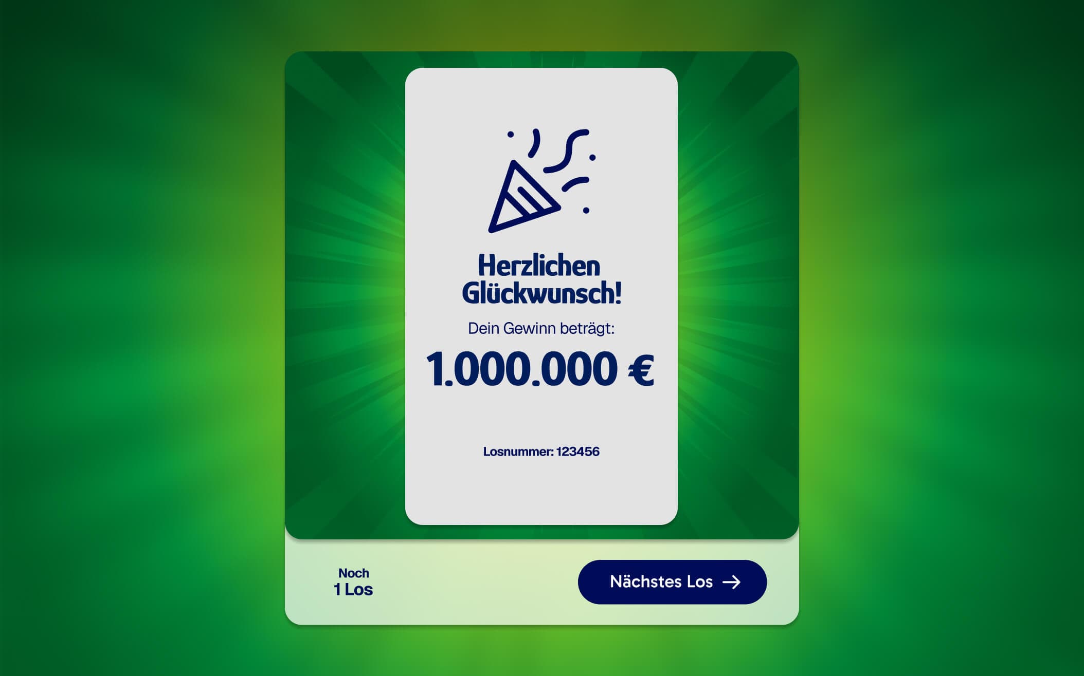 Eine digitale Gewinnbenachrichtigung mit der Aufschrift „Herzlichen Glückwunsch! Ihr Gewinn: 1.000.000 €“ auf Deutsch, vor grünem Hintergrund und mit einem Party-Popper-Symbol.