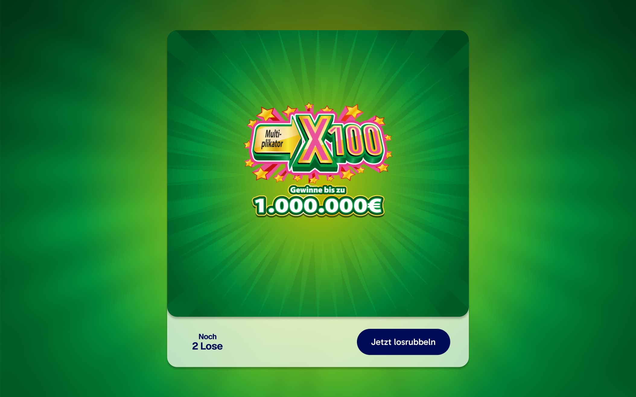 Ein grünes Lottoschein-Design mit den Aufschriften „Multiplikator X100“ und „Gewinne bis zu 1.000.000 €“ in bunten Schriftzügen, verziert mit Sternen und einer „Spielen“-Schaltfläche.