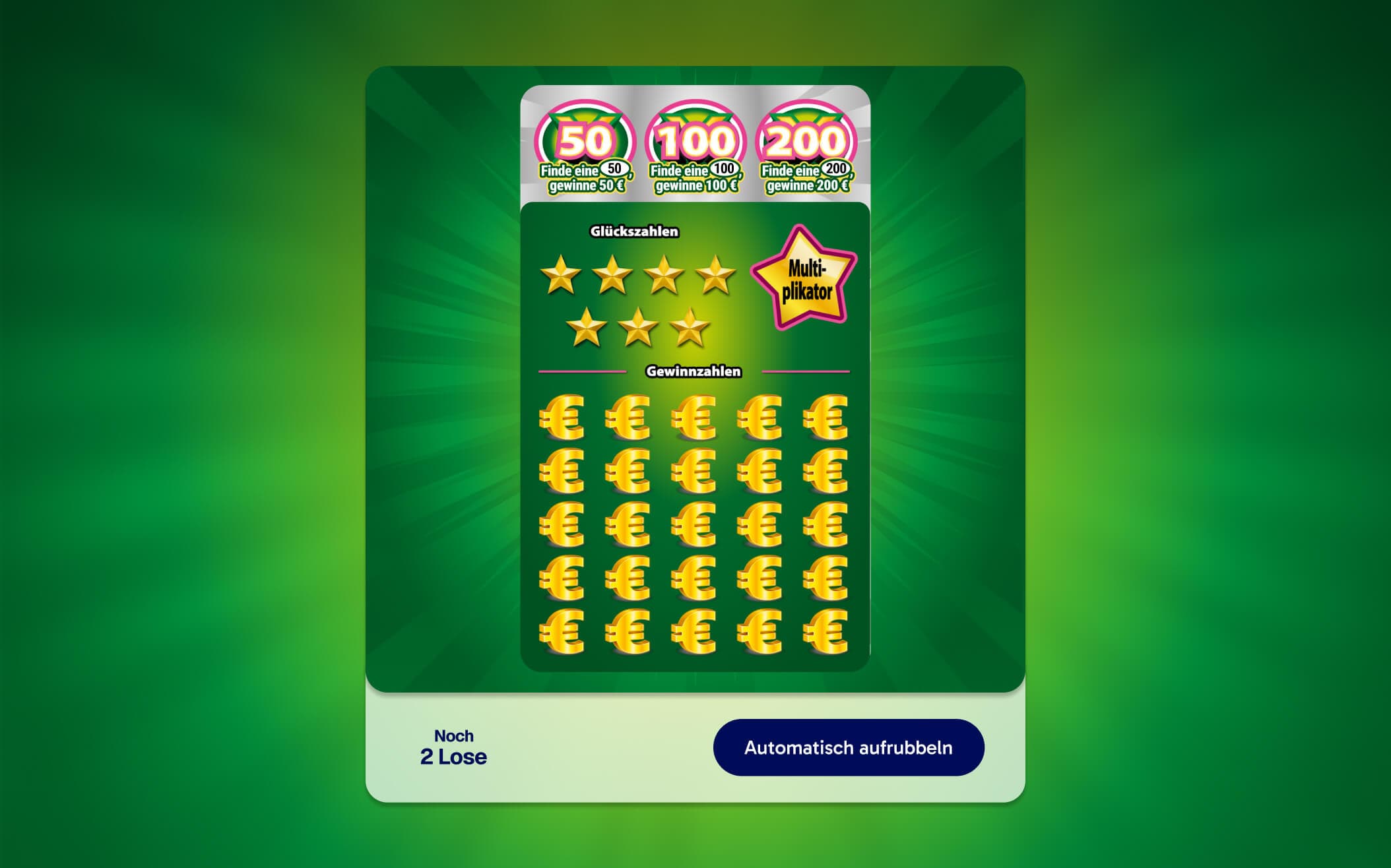 Ein digitales Rubbellos-Spiel vor grünem Hintergrund, auf dem Zahlen, Sterne, Euro-Symbole und ein Multiplikator-Stern-Symbol zu sehen sind. Schaltflächen am unteren Rand.