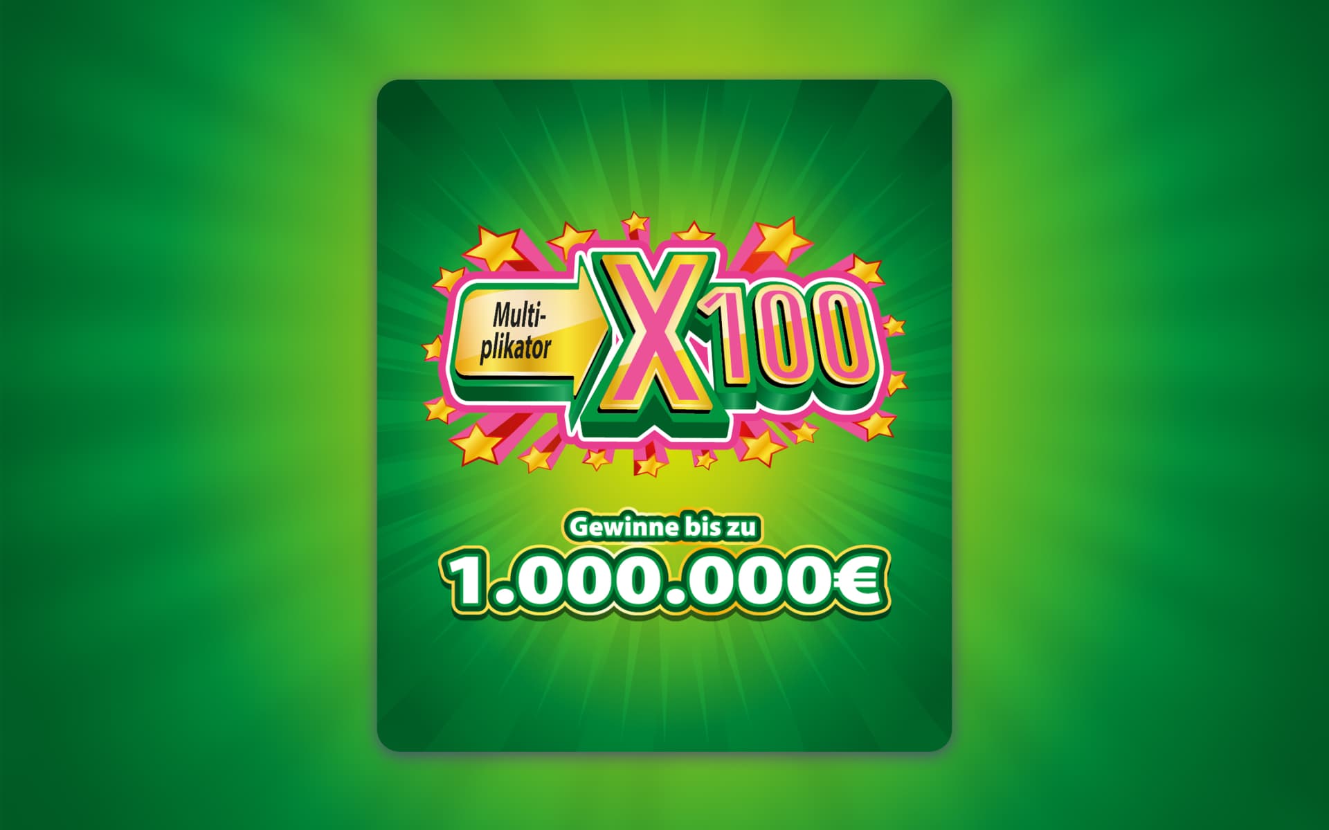 Farbenfrohes Lottoschein-Design mit der Aufschrift „Multiplikator X100“ und der Chance auf einen Gewinn von bis zu 1.000.000 €, vor einem grünen Hintergrund mit Sternen.