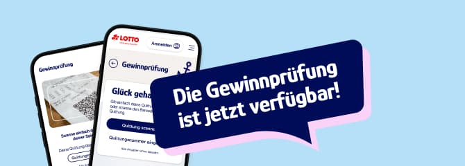 Copilot said: Zwei Smartphones zeigen eine Lotto-App. Eine Sprechblase informiert auf Deutsch darüber, dass die Gewinnprüfung jetzt verfügbar ist.