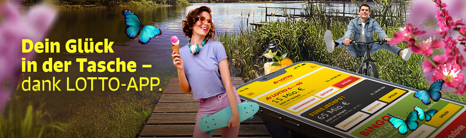Frau mit Eis in der Hand steht vor Smartphone mit LOTTO S-H App
